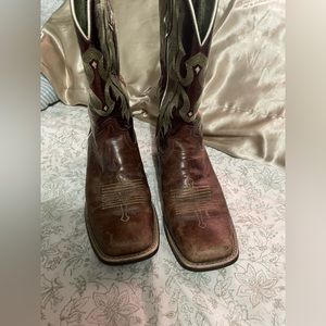 Brown and green ariat square toed boots